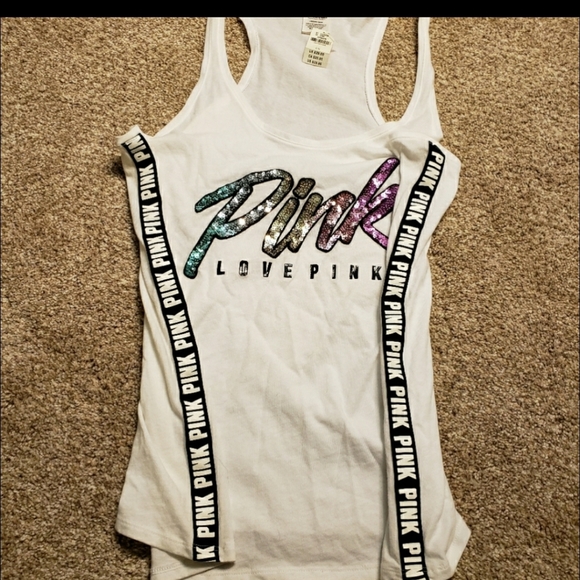 PINK Victoria's Secret Tops - NWT Victoria Secret PINK white with rainbow sequin bling tank top size large